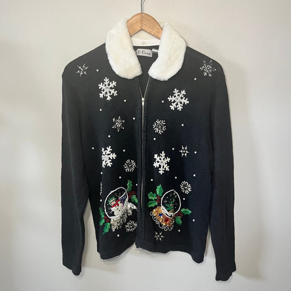 VTG B.P. Design Sweater Ugly Christmas Black Knit Sequins Beaded Fur Collar L